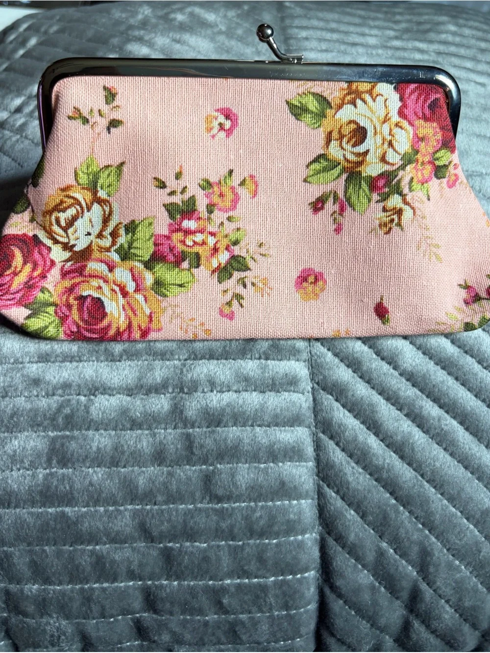 Floral Canvas Kiss Lock Coin Purse Pink Rose Change Purse Clutch